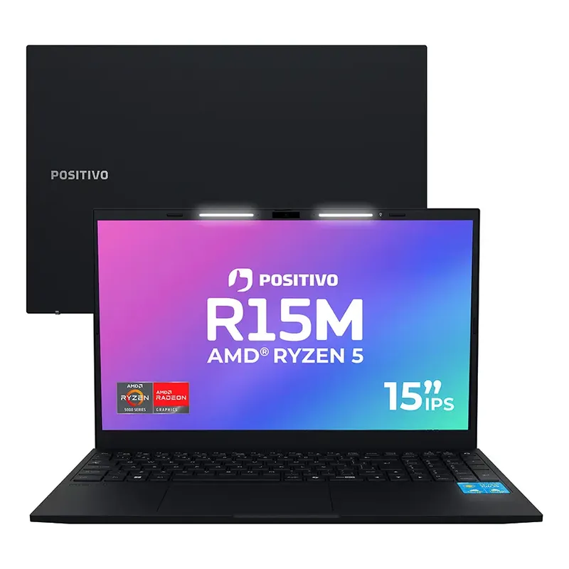 Notebook Positivo Vision R15M AMD Ryzen 5-5625U Linux 8GB RAM 256GB SSD Wi-Fi 6 Tela 15” Full HD IPS Antirreflexo – Minitela – Permite upgrade de memória RAM e SSD – Preto