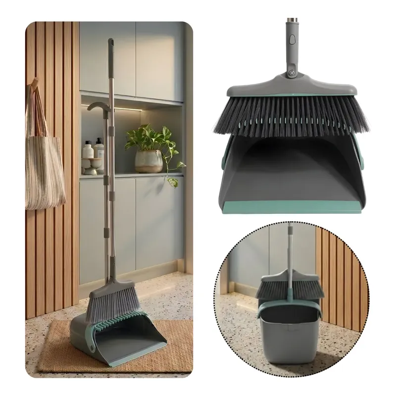 Kit Limpeza 2in1 Vassoura E Pá Limpa Cerdas Suporte Parede