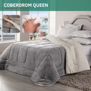 Coberdrom Casal Queen Size Sherpa Cobertor Edredom Inverno Pele Lã Carneiro Super Macio Suave Confortável Luxo Cor Cinza