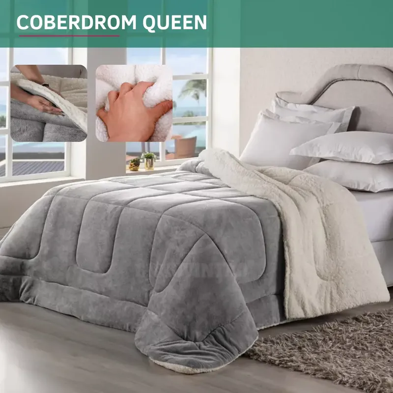 Coberdrom Casal Queen Size Sherpa Cobertor Edredom Inverno Pele Lã Carneiro Super Macio Suave Confortável Luxo Cor Cinza