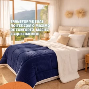 Coberdrom Queen 2,20 X 2,45 Cobertor Casal Dupla Face Pele Carneiro Sherpa Quente Soft Luxo Inverno Acochoado Grosso Insonia Edredom Sofisticado Grande Pesado 550g M/2 Nacional Azul Marinho