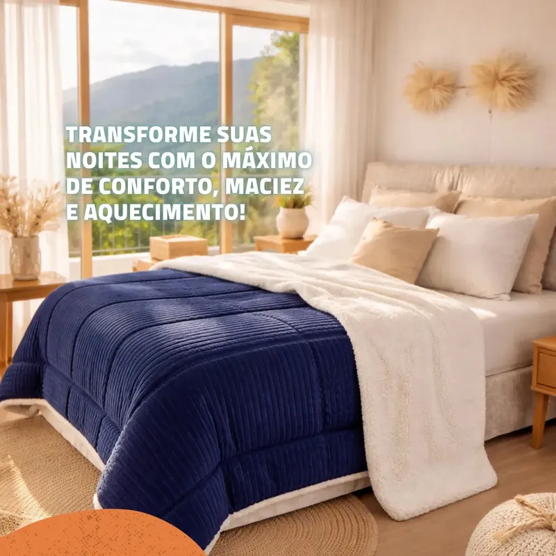 Coberdrom Queen 2,20 X 2,45 Cobertor Casal Dupla Face Pele Carneiro Sherpa Quente Soft Luxo Inverno Acochoado Grosso Insonia Edredom Sofisticado Grande Pesado 550g M/2 Nacional Azul Marinho