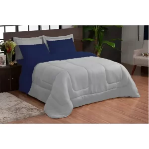 Kit Edredom Ternura Casal Queen + 4 Peças Dupla Face Casa Laura Enxovais Azul Marinho/Cinza- Liso