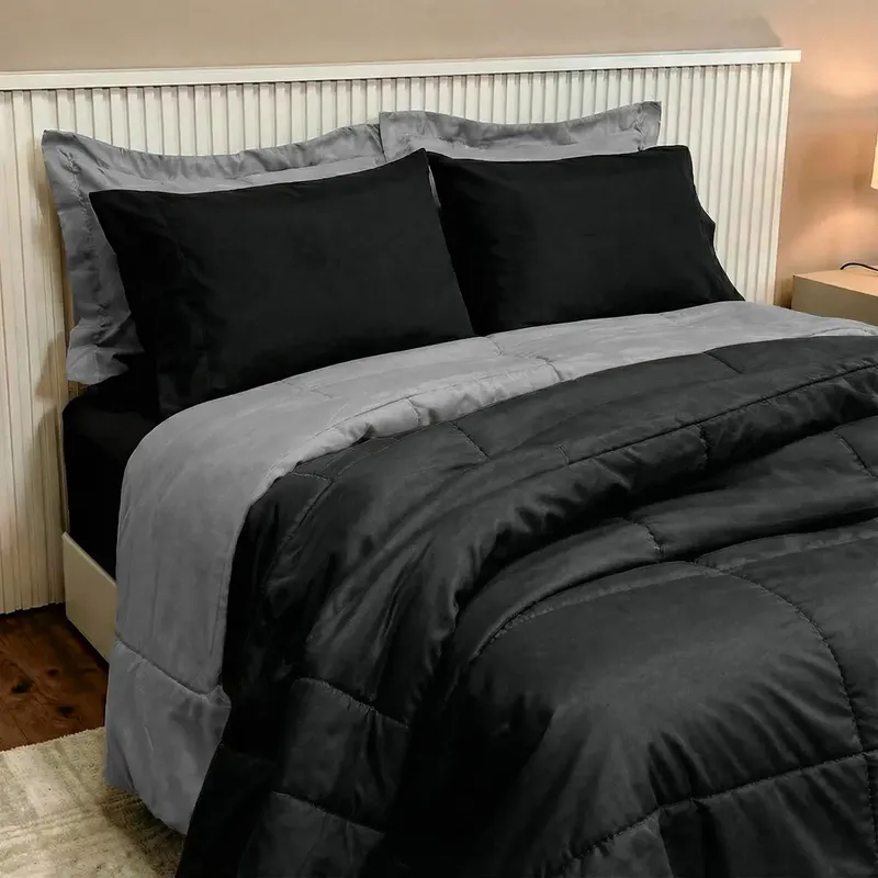 Kit 6 Pçs Aconchego Dupla Face Casal Queen Preto E Cinza