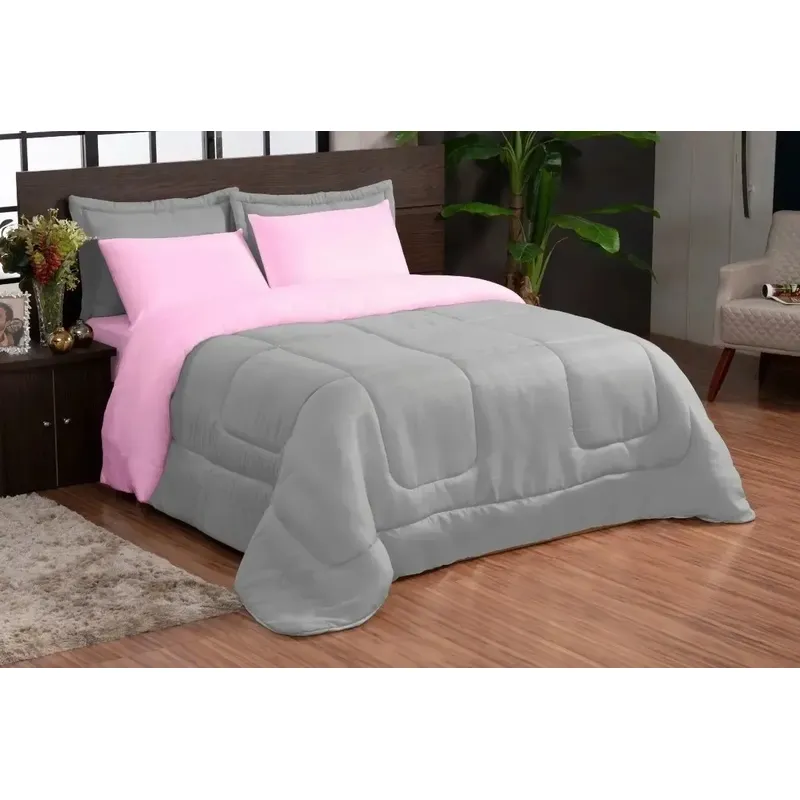 Kit Edredom Ternura Casal Queen + 4 Peças Dupla Face Rosa/cinza- Liso