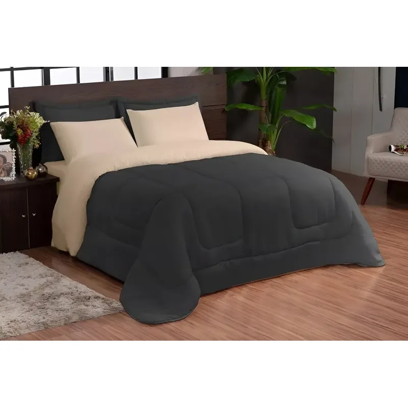 Kit Edredom Ternura Casal Queen + 4 Peças Dupla Face Preto/palha – Liso